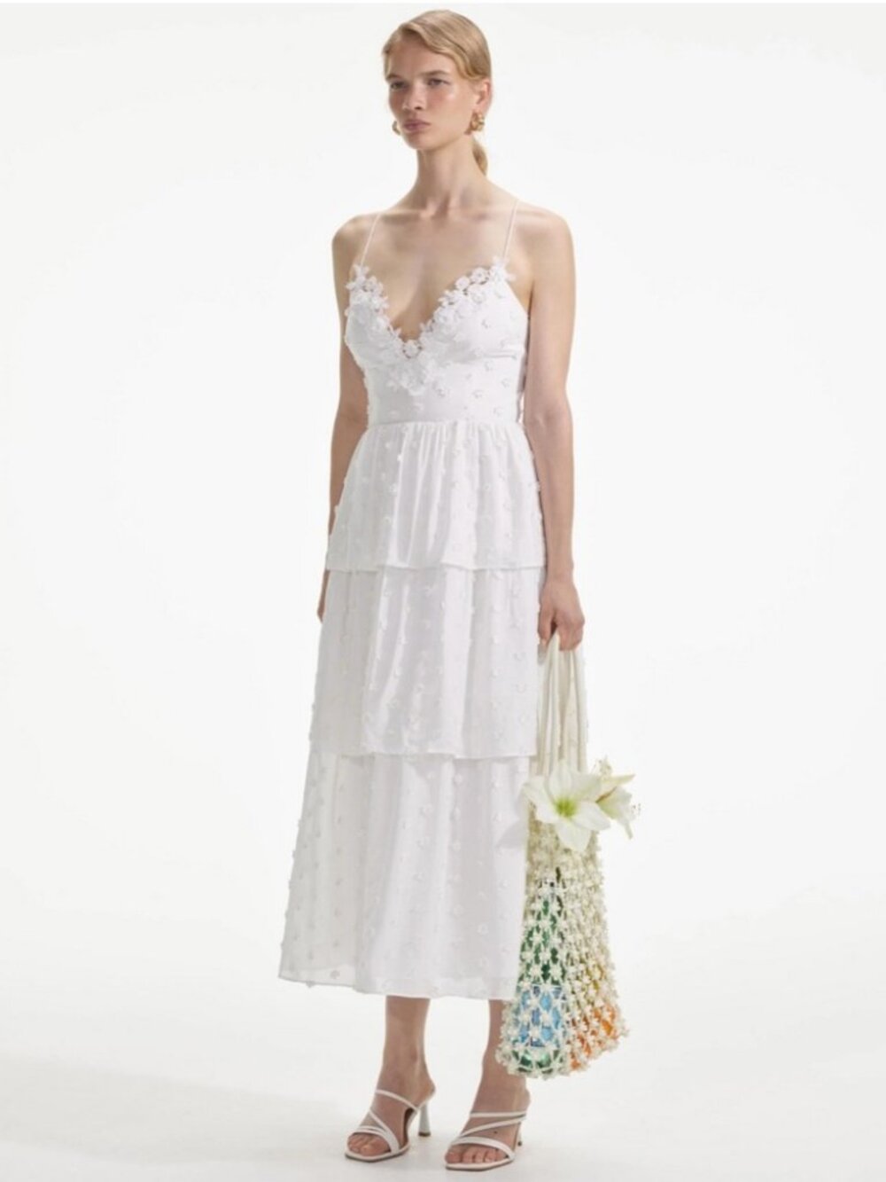 Self-Portrait floral appliqué layered midi dress in White, us4 uk8, brand new.